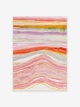Abstract watercolor wall art with layered wavy bands in pink, orange, and green on a white background