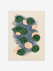 Abstract Pattern Wall Art print with green and orange circles on a blue textured background, featuring intricate designs.