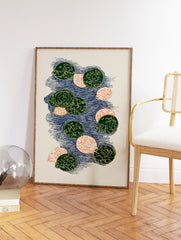 Abstract Pattern Wall Art print with green and orange circles on a blue textured background, featuring intricate designs. - Image 2