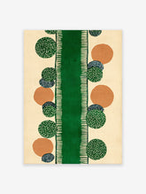 Abstract pattern wall art with a central green stripe and scattered geometric circles in green, orange, and blue on a cream background.