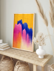 Abstract brushstroke art with textured pink, blue, and orange paint on a yellow background, in an alternate framed mockup