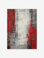 Abstract art print with vertical bands of red, white, grey, and black, featuring a distressed, textured finish