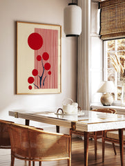 Abstract red circles and dark blue branches on a cream background with vertical red stripes, in a styled room mockup