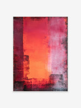 Abstract wall art with vertical red, orange, and pink colour blocks and distressed dark textures