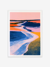Abstract landscape wall art with a winding river, pink sky, and textured blue and orange fields in a graphic style