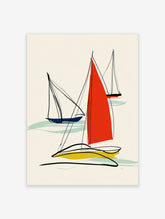 Minimalist abstract sailboat wall art with red, blue, and yellow sails and black line work on a cream background