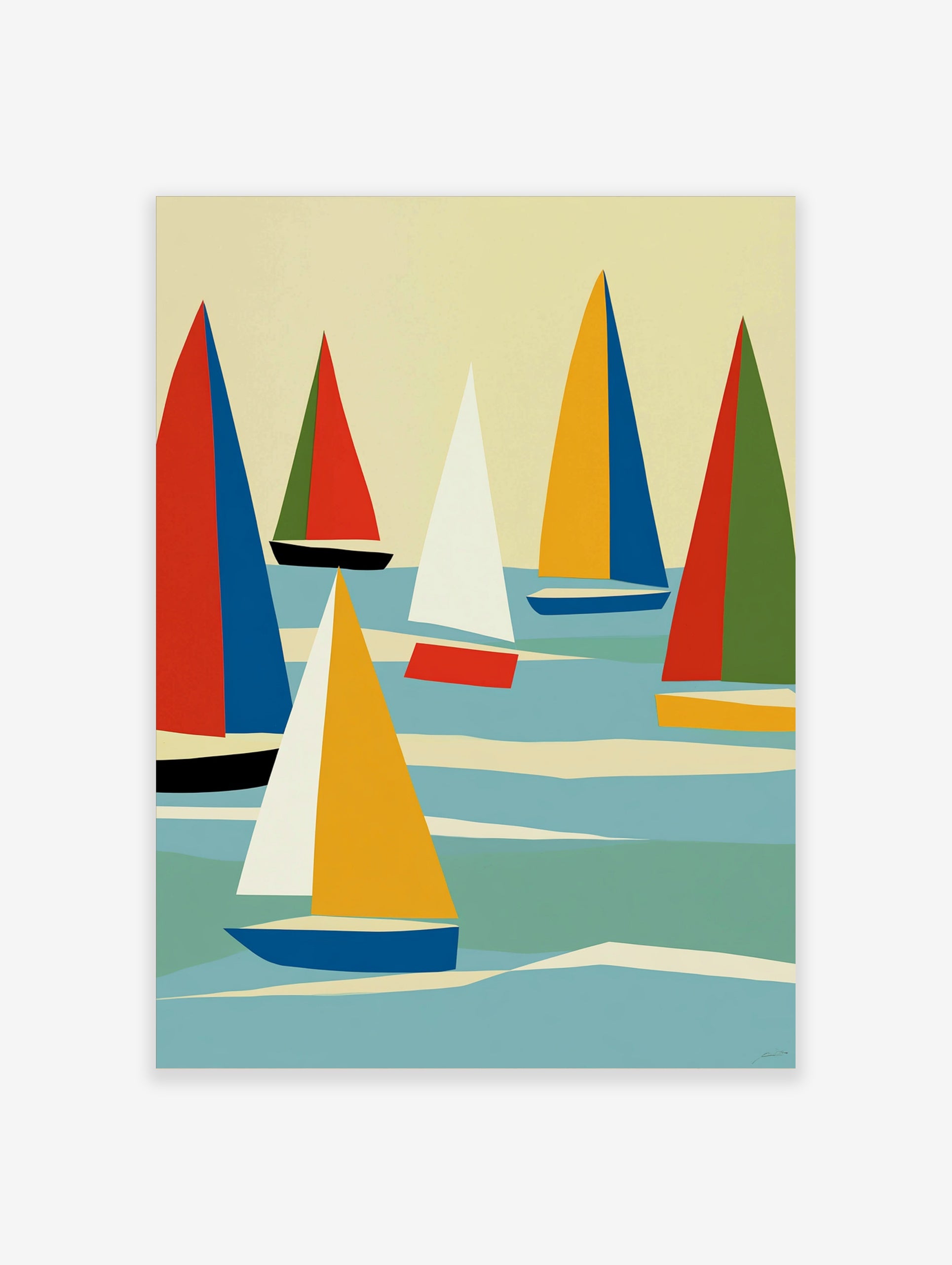 Abstract sailboat wall art with geometric red, blue, and yellow sails on a blue sea against a cream sky