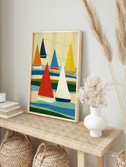 Abstract sailboat wall art with colourful triangular sails and layered wavy background in an, in an alternate framed mockup