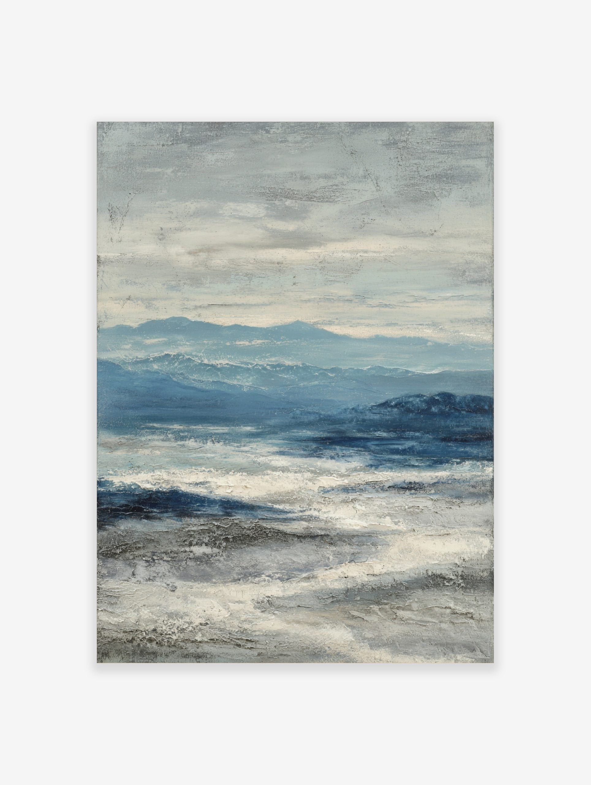 Abstract seascape painting with blue mountains, deep blue ocean, and textured white waves under a grey sky