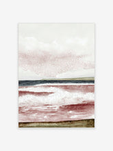 Abstract seascape art print with reddish-brown waves, dark blue ocean, green horizon, and textured sky