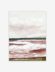 Abstract seascape art print with reddish-brown waves, dark blue ocean, green horizon, and textured sky
