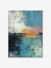 Textured abstract seascape painting with blue sky and water, bright orange and red sunset horizon