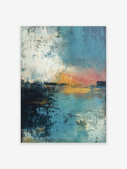 Textured abstract seascape painting with blue sky and water, bright orange and red sunset horizon