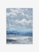 Textured abstract seascape art print with stormy blue and grey clouds over choppy ocean water