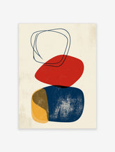 Abstract minimalist wall art with red, blue, and yellow stacked organic shapes and a hand-drawn black line loop