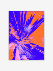 Abstract art print with radiating blue and orange shattered glass or explosive burst effect on a vibrant background
