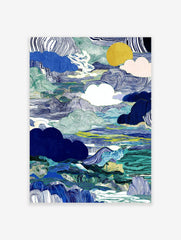 Abstract blue and green cloudscape wall art with wavy lines, solid clouds, and a golden sun