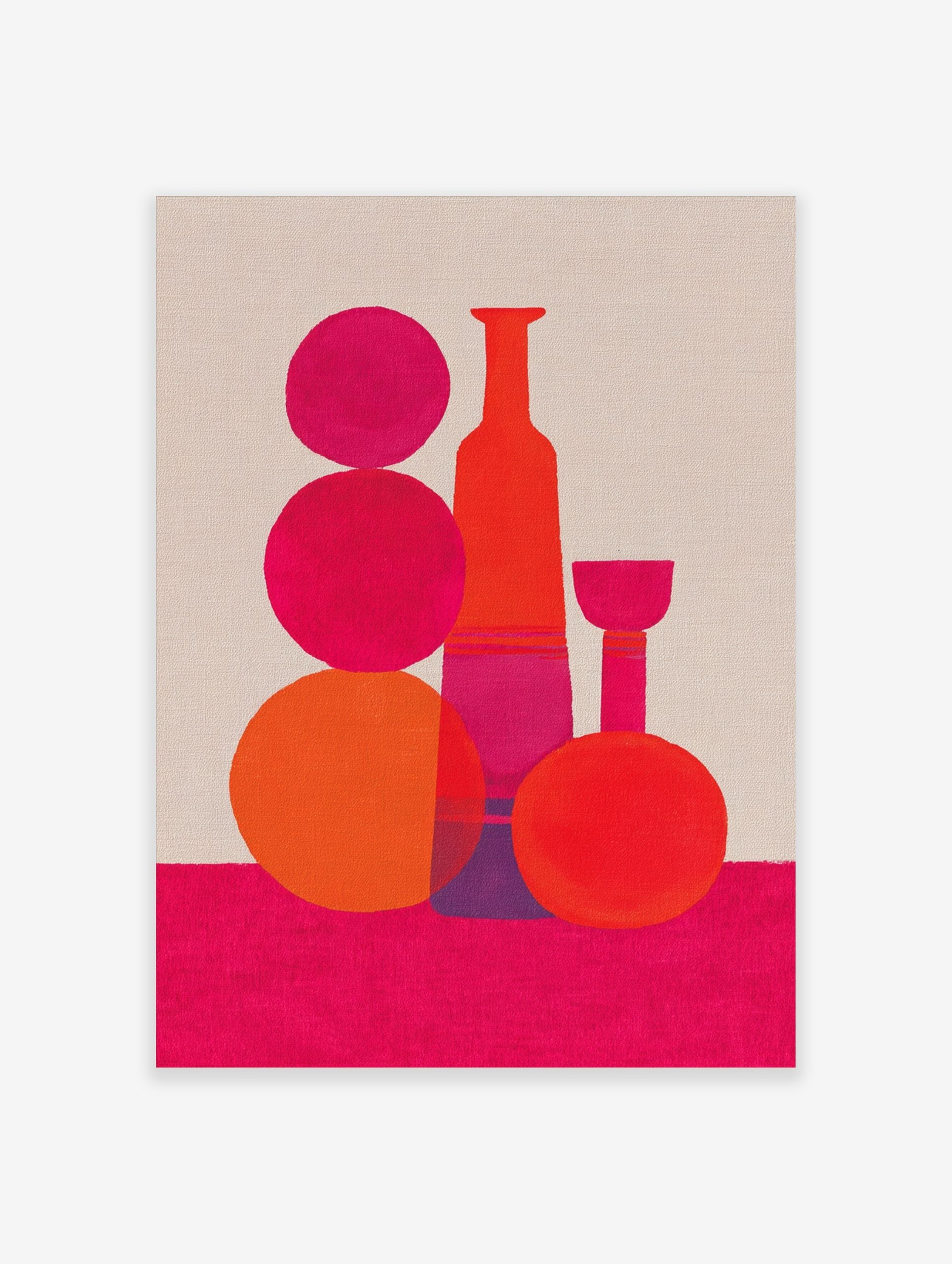 Abstract still life art print with pink and orange geometric bottle and sphere shapes on a fuchsia base
