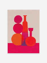 Abstract still life art print with pink and orange geometric bottle and sphere shapes on a fuchsia base