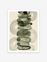 Abstract stone stack wall art with watercolor circular shapes and concentric line patterns in green and neutral tones