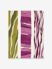 Abstract art print with vertical panels of olive green waves, layered purple brushstrokes, and thin purple lines
