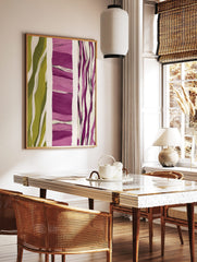 Abstract art print with vertical panels of olive green waves, layered purple brushstrokes, and thin, in a styled room mockup