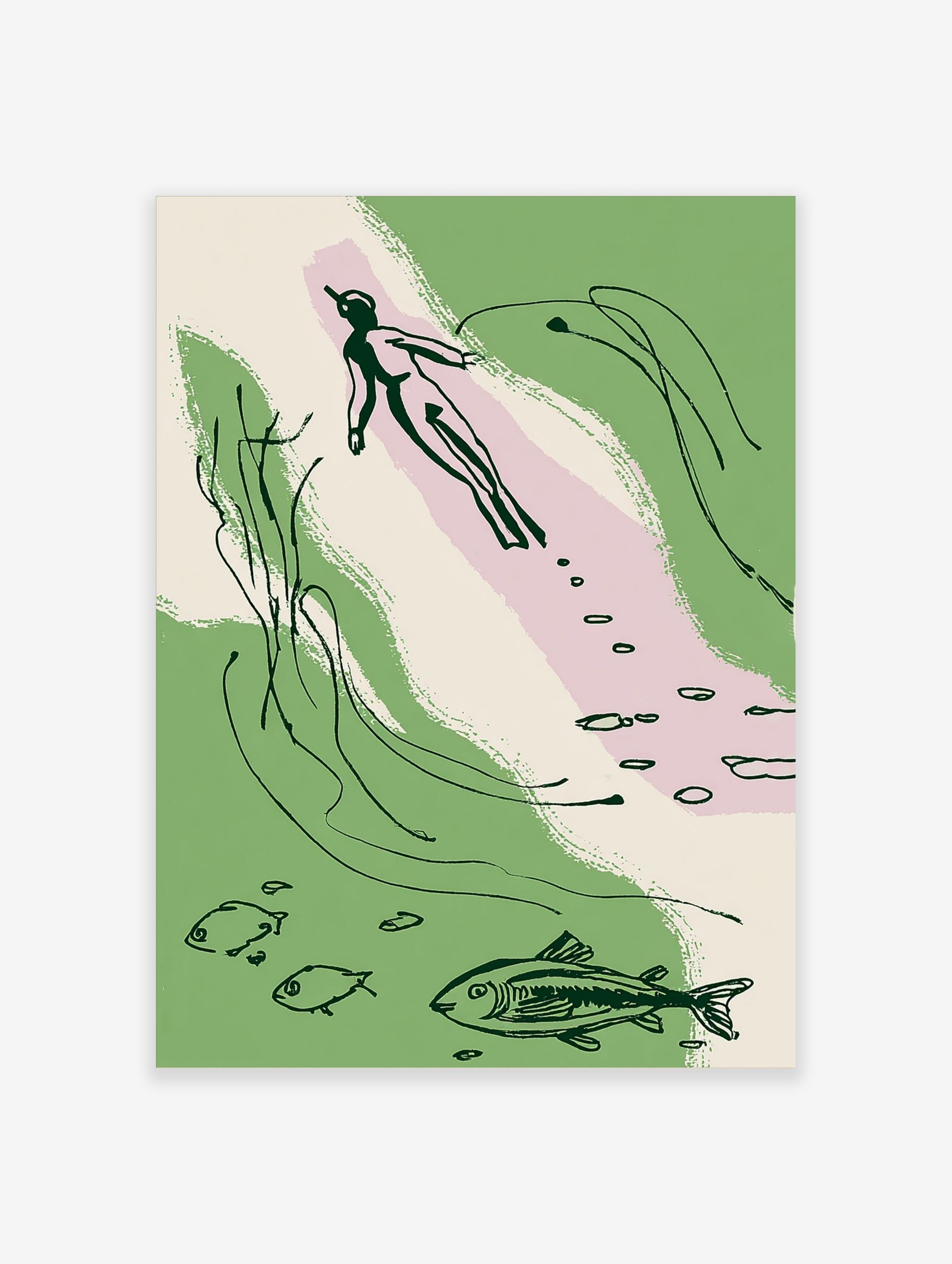 Abstract illustration of an underwater swimmer with fish and aquatic plants in green, pink, and cream