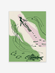 Abstract illustration of an underwater swimmer with fish and aquatic plants in green, pink, and cream