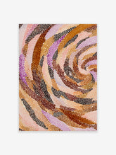 Abstract art print with swirling bands of brown, orange, pink, and purple dots on a light background