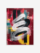 Abstract art print with a swirling white brushstroke over distressed red, black, yellow, and teal layers