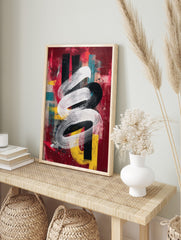 Abstract art print with a swirling white brushstroke over distressed red, black, yellow, and, in an alternate framed mockup