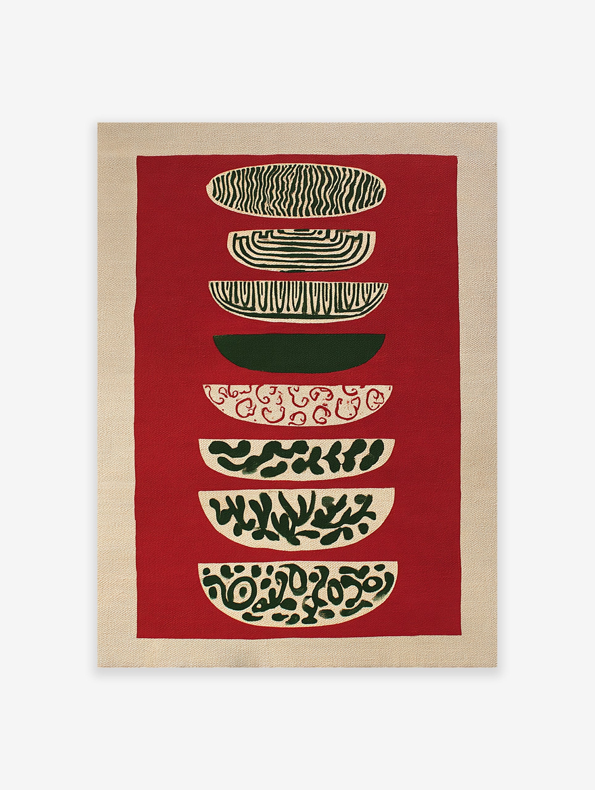 Abstract tapestry wall hanging with stacked red, green, and beige patterned shapes on a textured background.