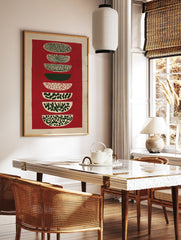 Abstract tapestry wall hanging with stacked red, green, and beige patterned shapes on a textured background. - Image 2
