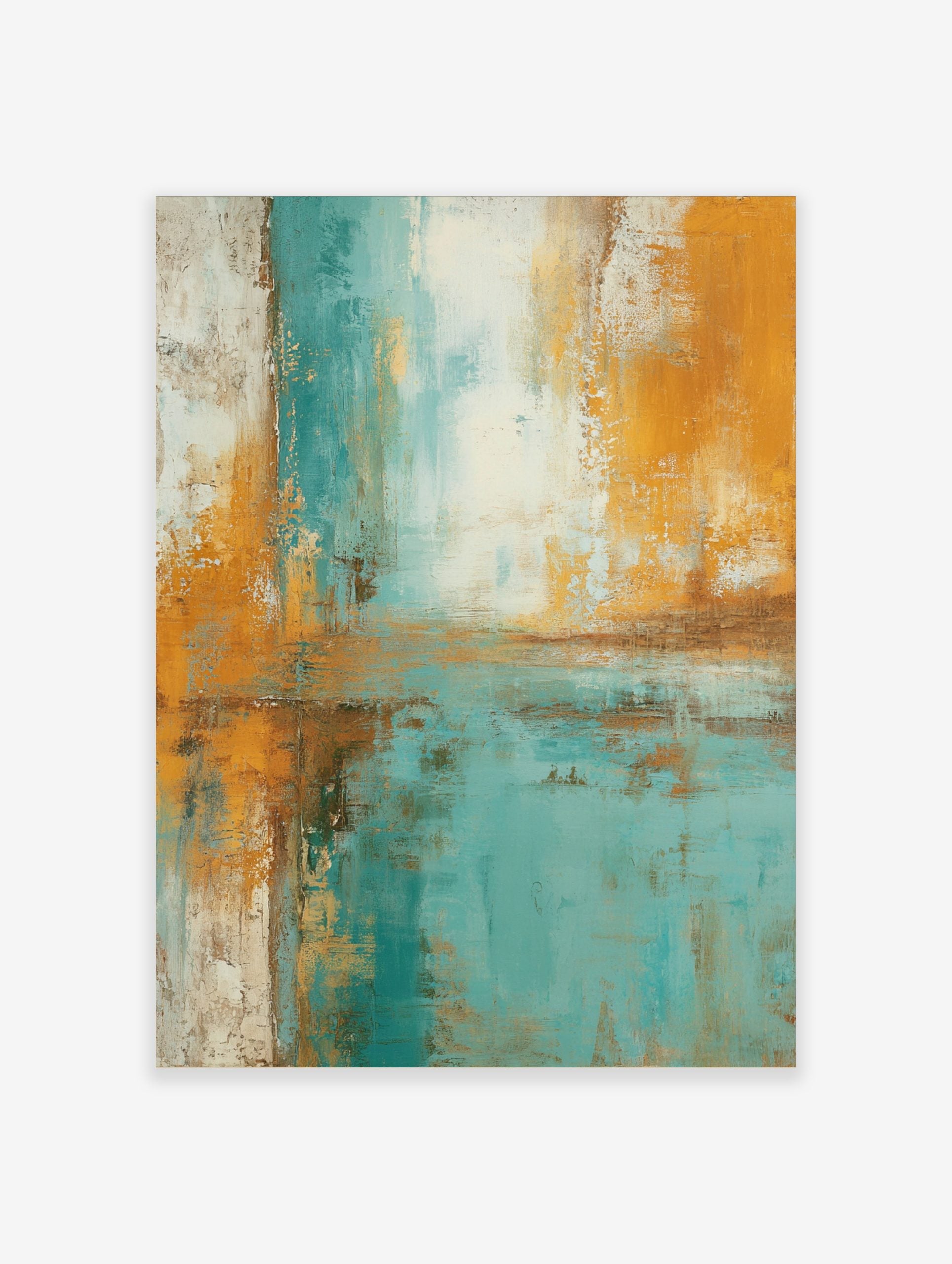 Abstract art print with textured teal, golden yellow, and white colour blocks in a vertical orientation