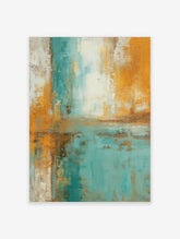 Abstract art print with textured teal, golden yellow, and white colour blocks in a vertical orientation