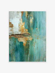 Close-up of peeling teal and gold paint on a textured wall surface with cracks and rough edges