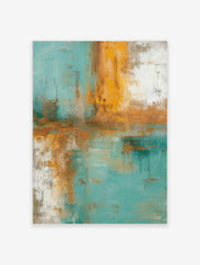 Abstract painting with textured vertical and horizontal strokes in teal, golden yellow, and white