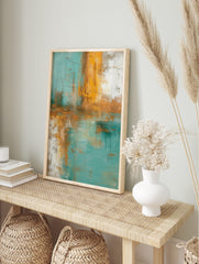 Abstract painting with textured vertical and horizontal strokes in teal, golden yellow, and, in an alternate framed mockup