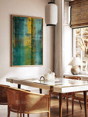 Abstract art print with rich teal and vibrant gold layered textures, featuring vertical and, in a styled room mockup