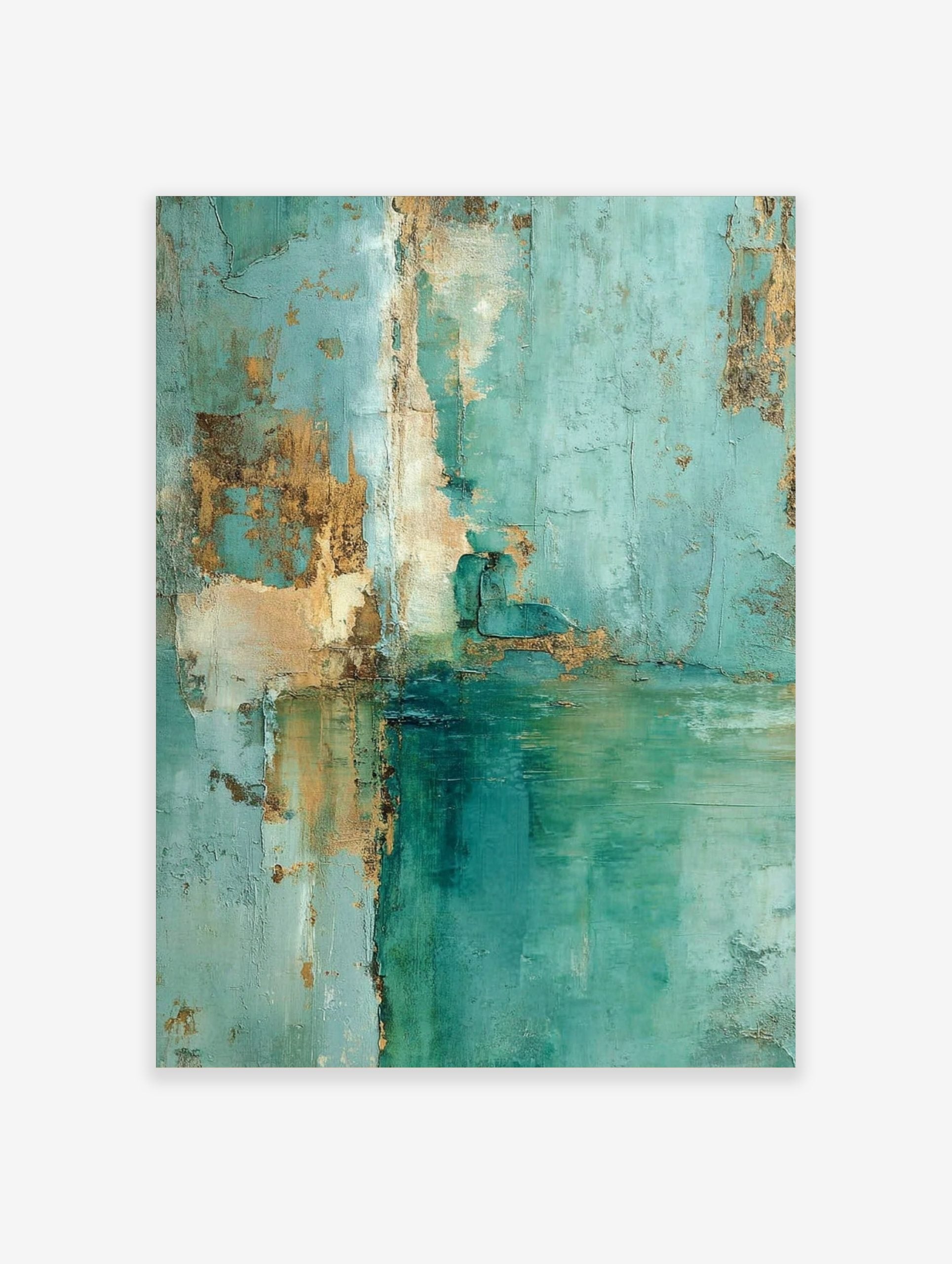 Abstract textured painting with teal, deep green, and gold distressed details, a modern art print