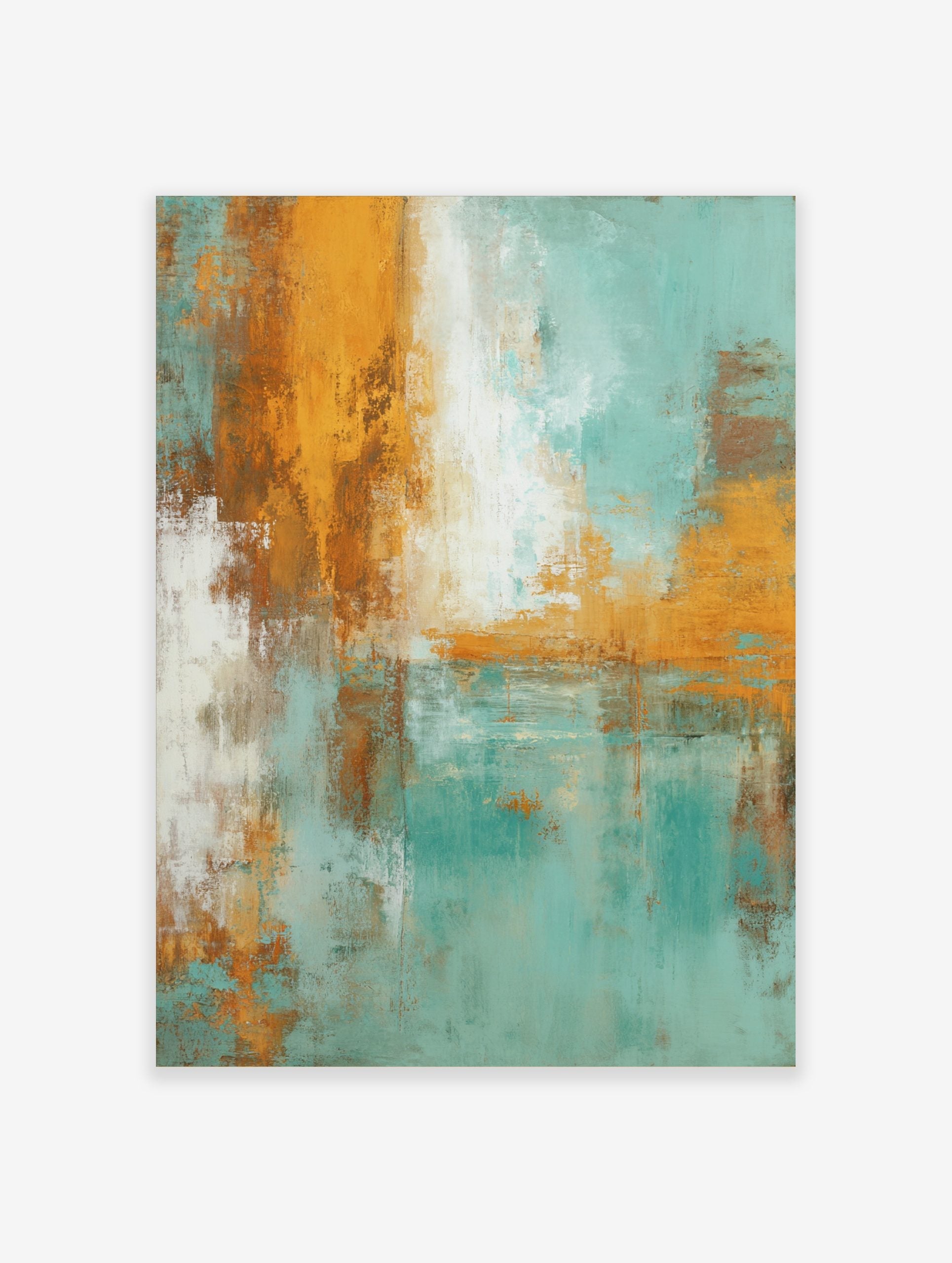Abstract art print with distressed textures in teal, orange, white, and brown