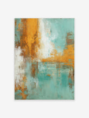Abstract art print with distressed textures in teal, orange, white, and brown