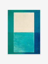 Abstract geometric wall art with a central off-white rectangle over teal, deep blue, and green colour blocks