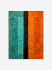 Abstract art print with vertical stripes in textured teal, dark blue, and orange colours, featuring subtle rectangular