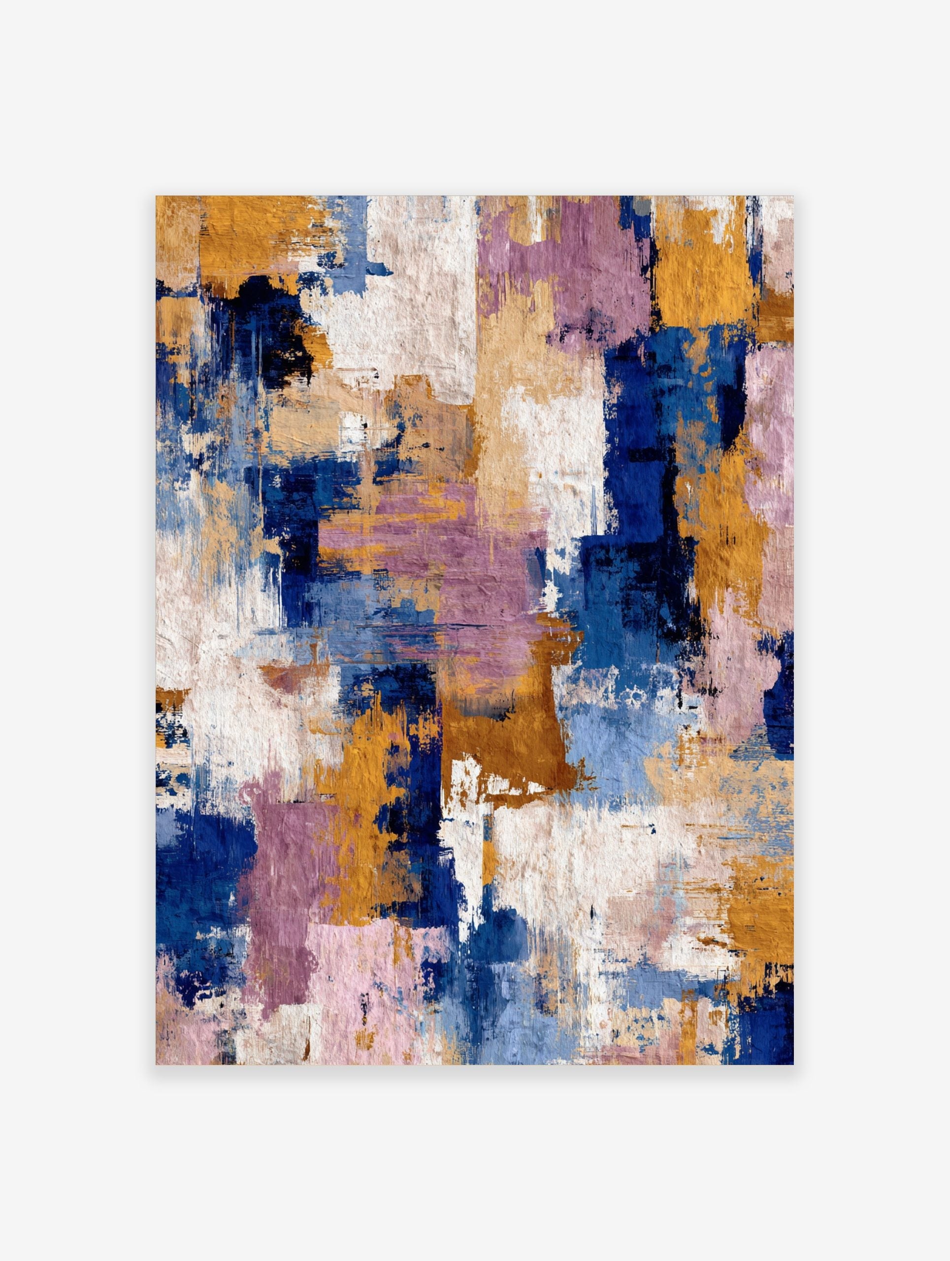 Abstract textured wall art with broad brushstrokes in navy blue, golden yellow, purple, and white