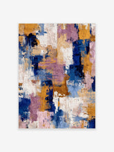 Abstract textured wall art with broad brushstrokes in navy blue, golden yellow, purple, and white