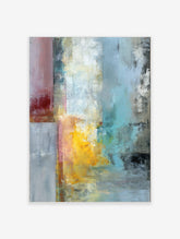 Abstract textured wall art with vertical blocks of red, yellow, blue, and grey paint on a canvas