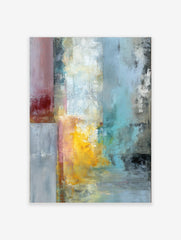 Abstract textured wall art with vertical blocks of red, yellow, blue, and grey paint on a canvas