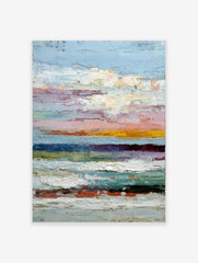 Abstract textured wall art with horizontal stripes of blue, pink, orange, green, and white impasto paint