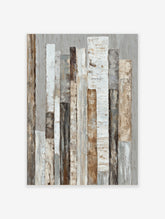 Abstract textured wall art with vertical strips in white, beige, brown, and grey tones on a light grey background
